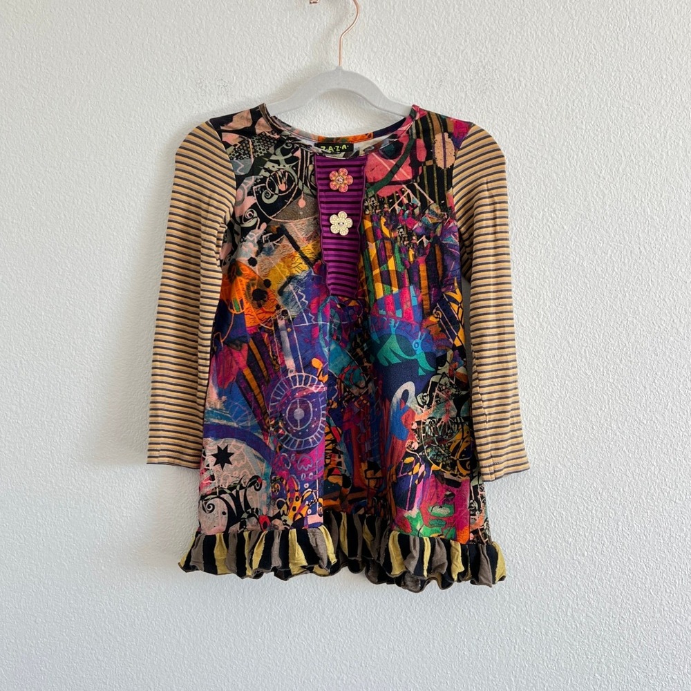 ZaZa Couture Artsy Boho Mixed Print Ruffle Tunic Top 4 Maximalist Whimsical Chic